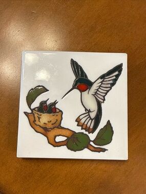 Vintage "Cleo Teissedre" Hand Painted Ceramic 4" Tile Hummingbird 1-b